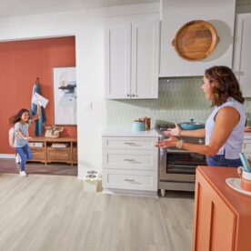 laminate floor and mom daughter in kitchen