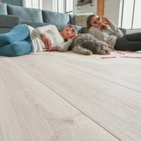 girls and dog hanging out on laminate floor